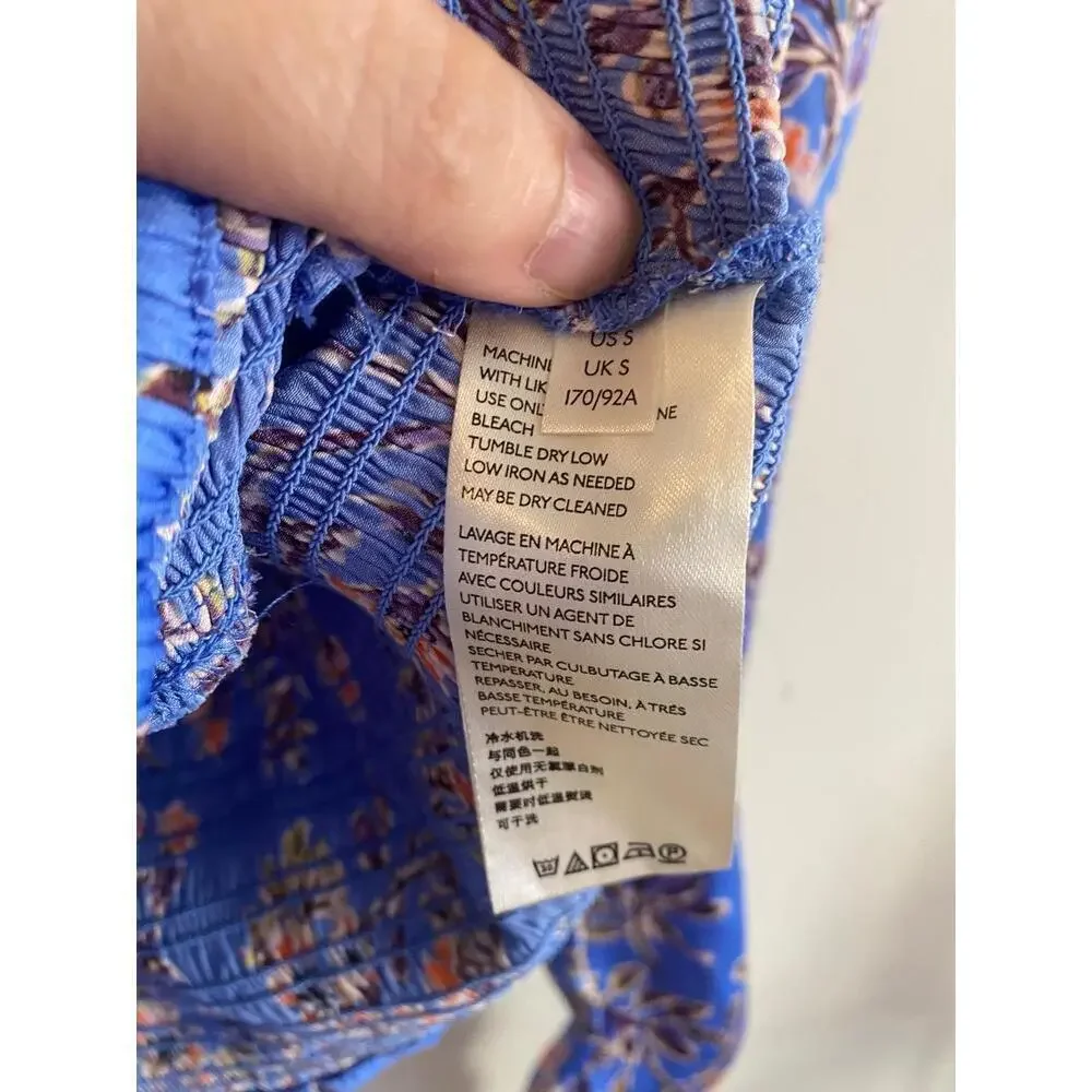 Free People Blue Floral Print Square Neckline Cropped Blouse Size Small
